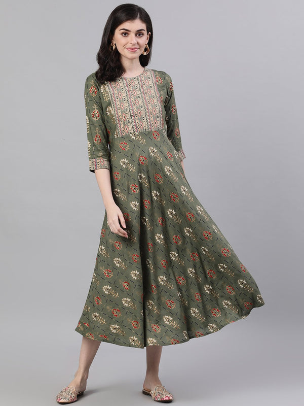 Women Green Geometric Printed Round Neck Cotton Maxi Dress | NOZ2TOZ - Made In INDIA.