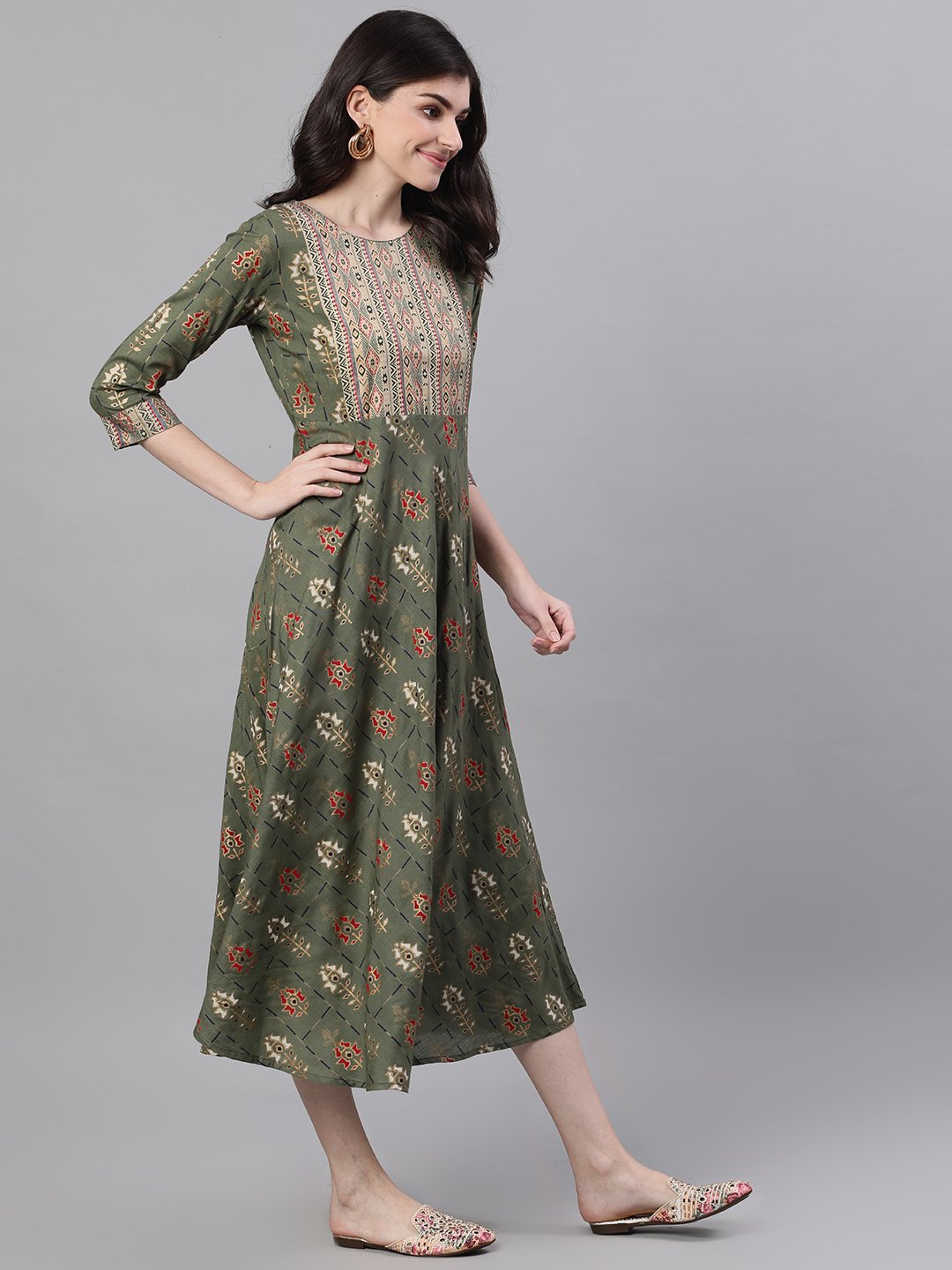 Women Green Geometric Printed Round Neck Cotton Maxi Dress | NOZ2TOZ - Made In INDIA.