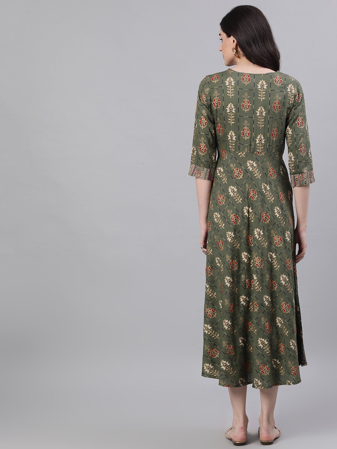 Women Green Geometric Printed Round Neck Cotton Maxi Dress | NOZ2TOZ - Made In INDIA.