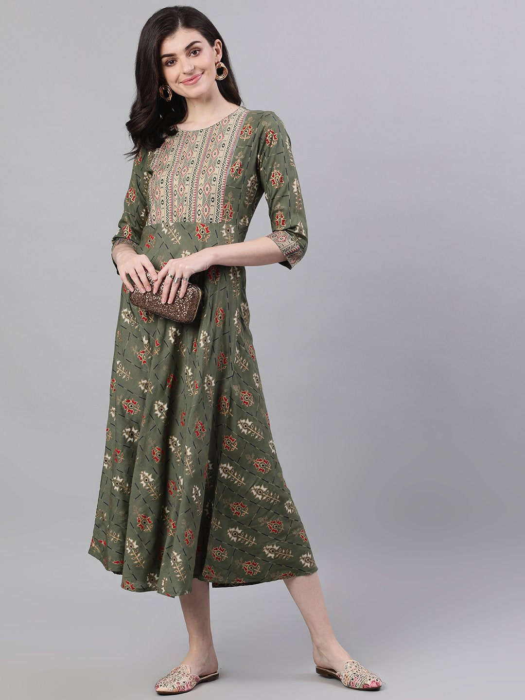 Women Green Geometric Printed Round Neck Cotton Maxi Dress | NOZ2TOZ - Made In INDIA.