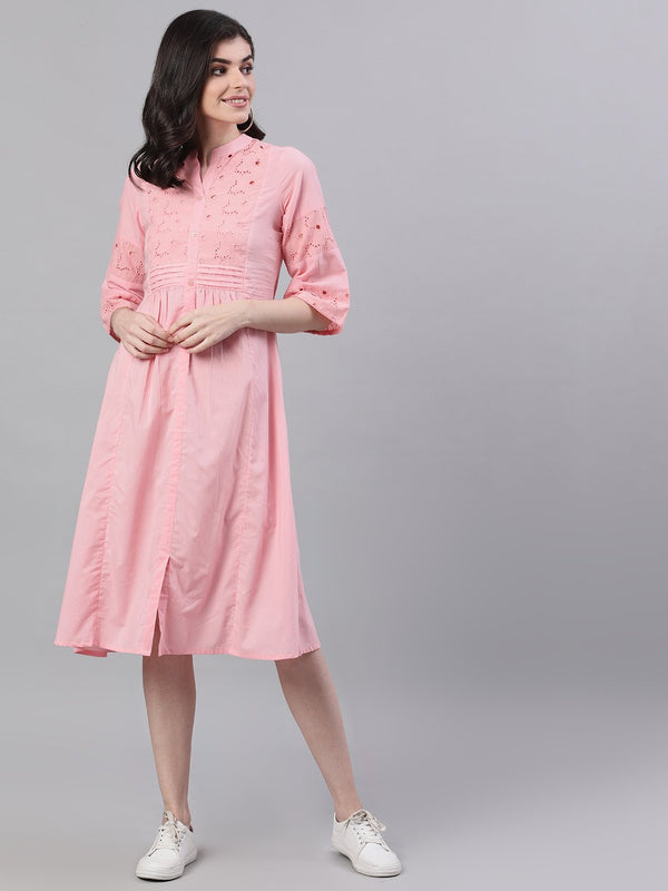 Women Pink Solid Solid Mandarin Collar Cotton Maxi Dress | NOZ2TOZ - Made In INDIA.