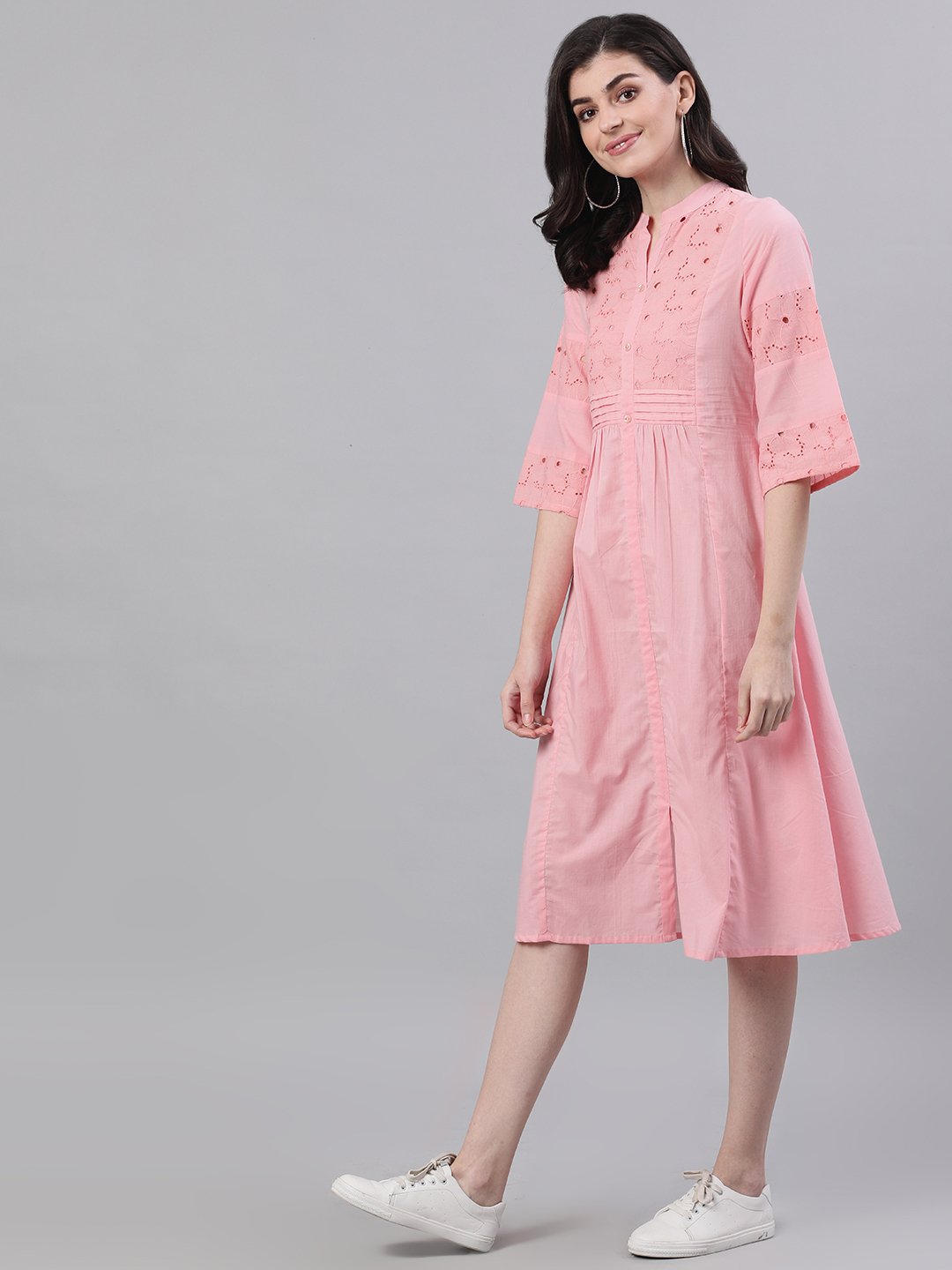 Women Pink Solid Solid Mandarin Collar Cotton Maxi Dress | NOZ2TOZ - Made In INDIA.