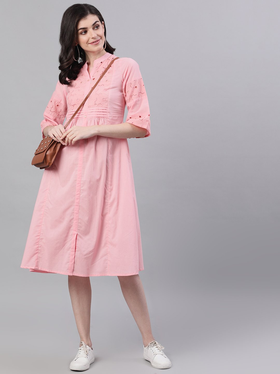 Women Pink Solid Solid Mandarin Collar Cotton Maxi Dress | NOZ2TOZ - Made In INDIA.