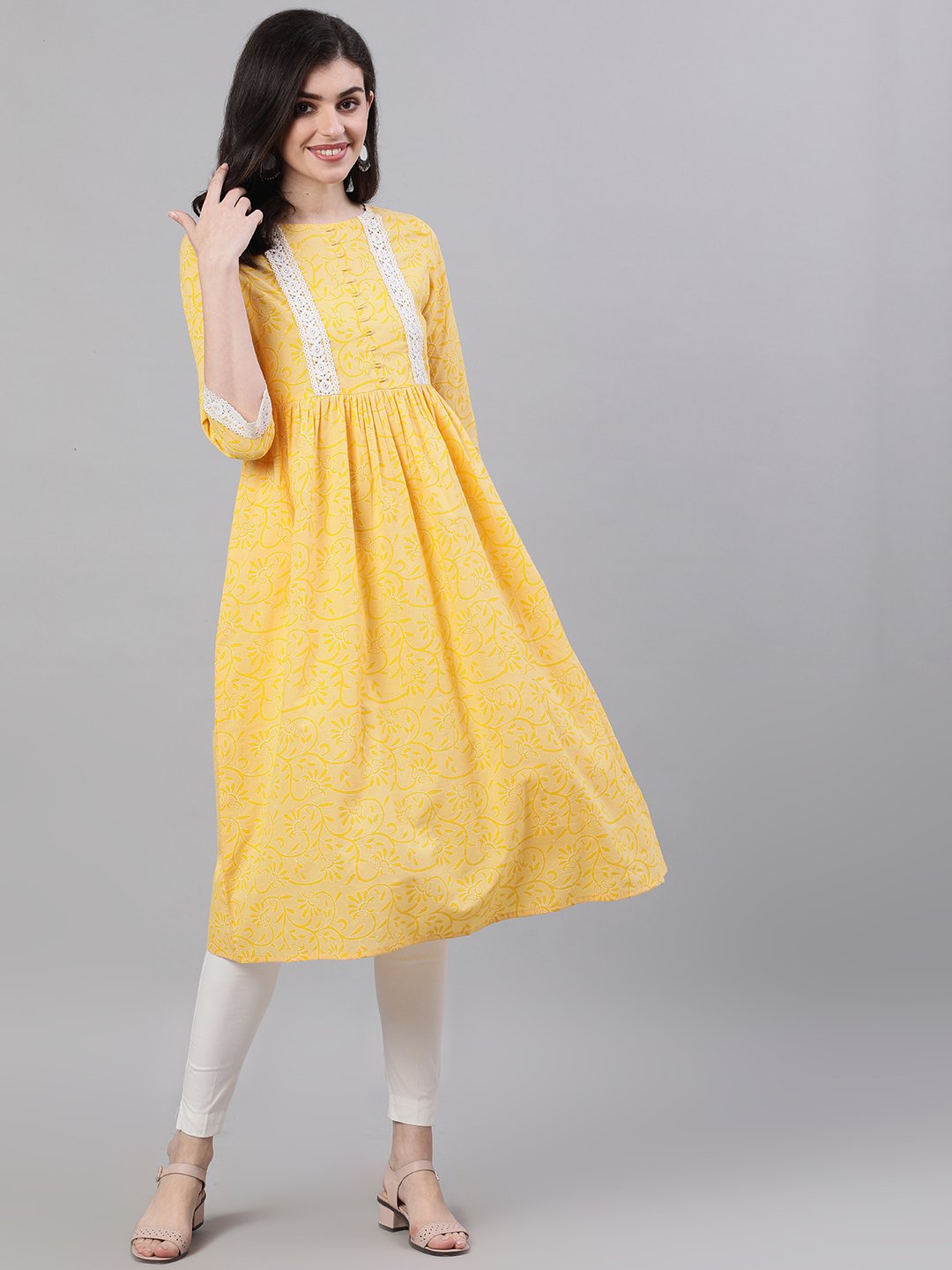 Women Yellow front yoke lace detail printed dress | NOZ2TOZ - Made In INDIA.