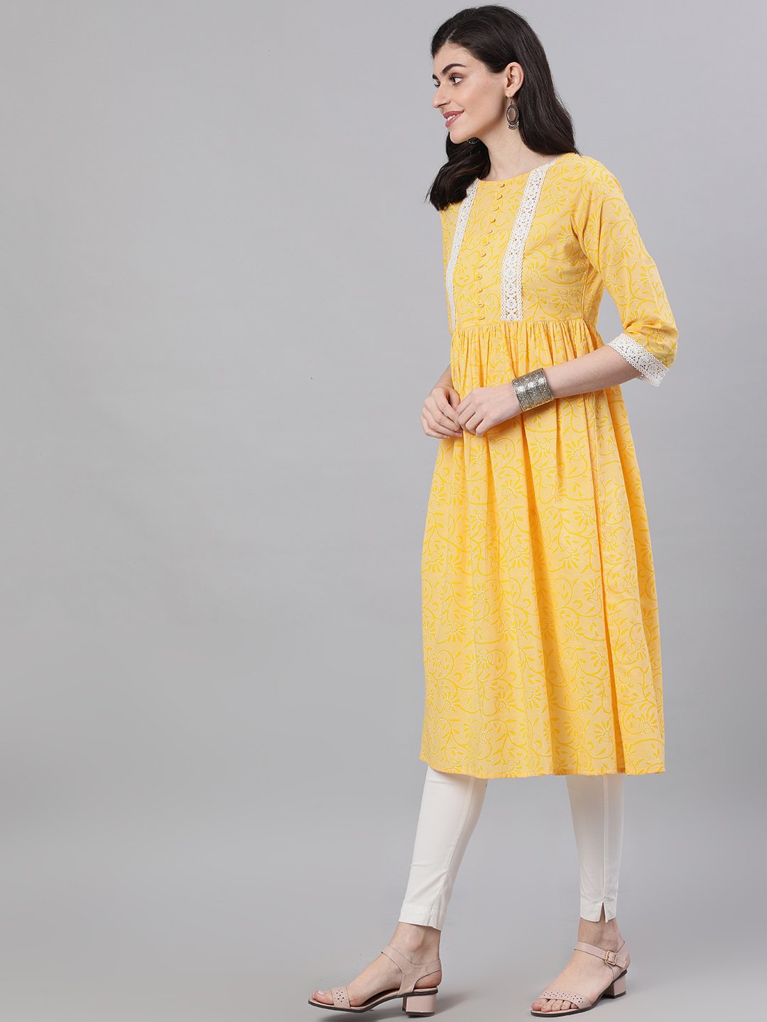 Women Yellow front yoke lace detail printed dress | NOZ2TOZ - Made In INDIA.