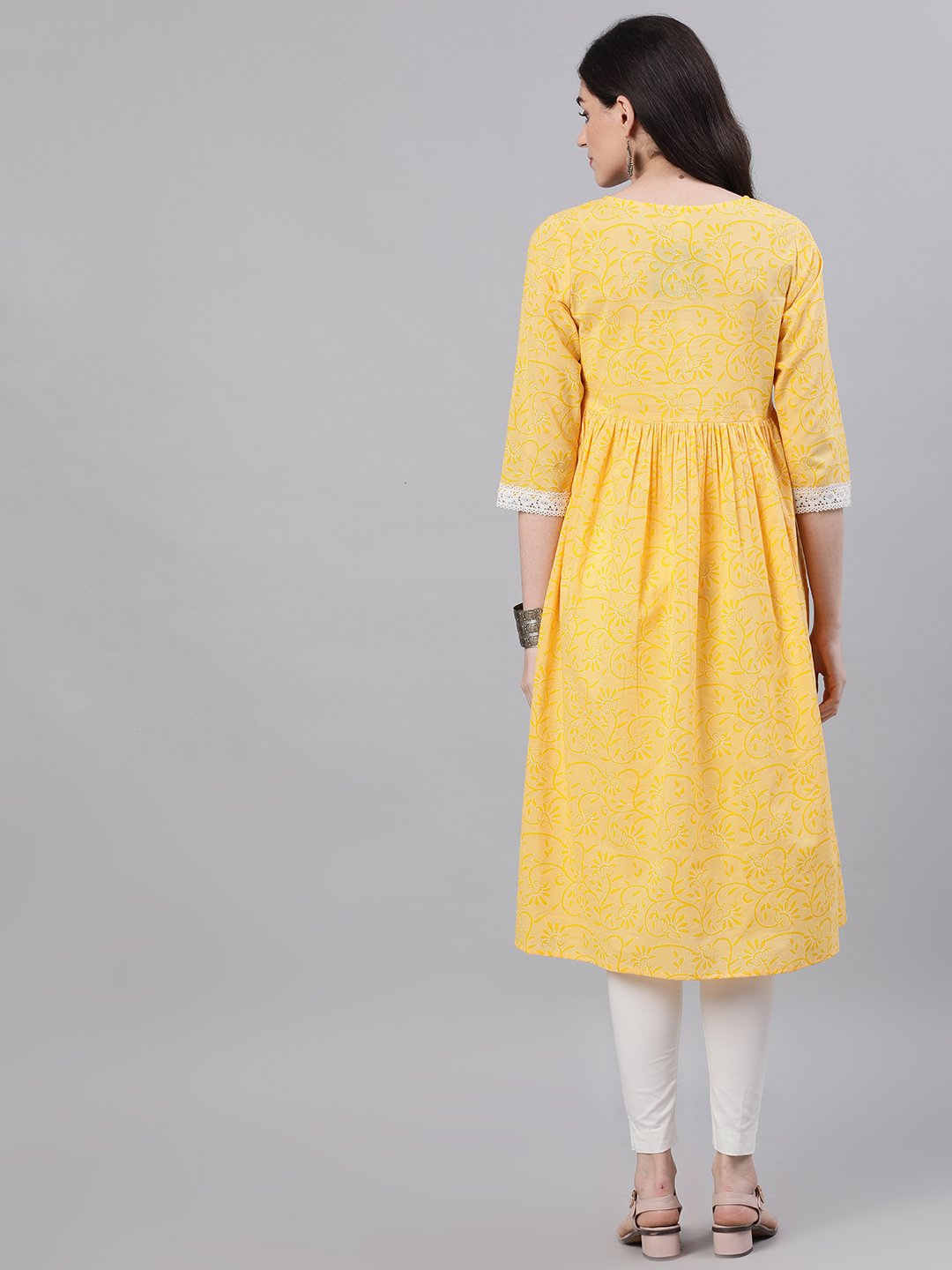 Women Yellow front yoke lace detail printed dress | NOZ2TOZ - Made In INDIA.