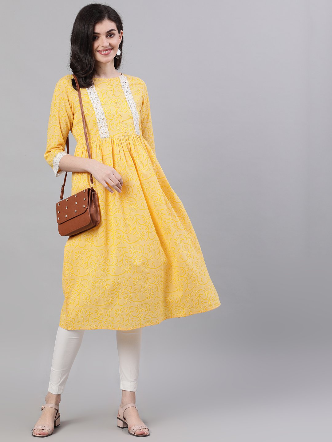 Women Yellow front yoke lace detail printed dress | NOZ2TOZ - Made In INDIA.