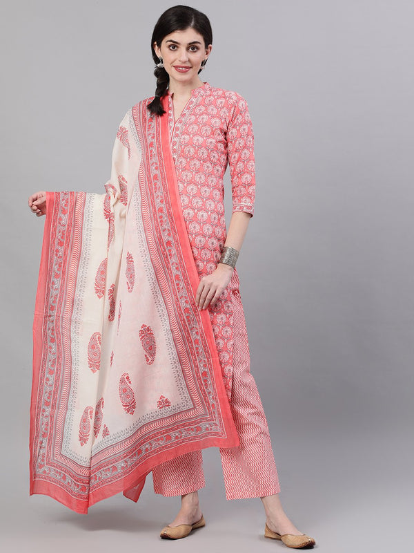 Women Pink Three-Quarter Sleeves Straight Kurta Palazzo With Dupatta | NOZ2TOZ - Made In INDIA.