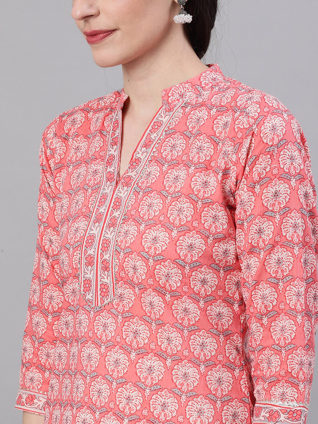 Women Pink Three-Quarter Sleeves Straight Kurta Palazzo With Dupatta | NOZ2TOZ - Made In INDIA.