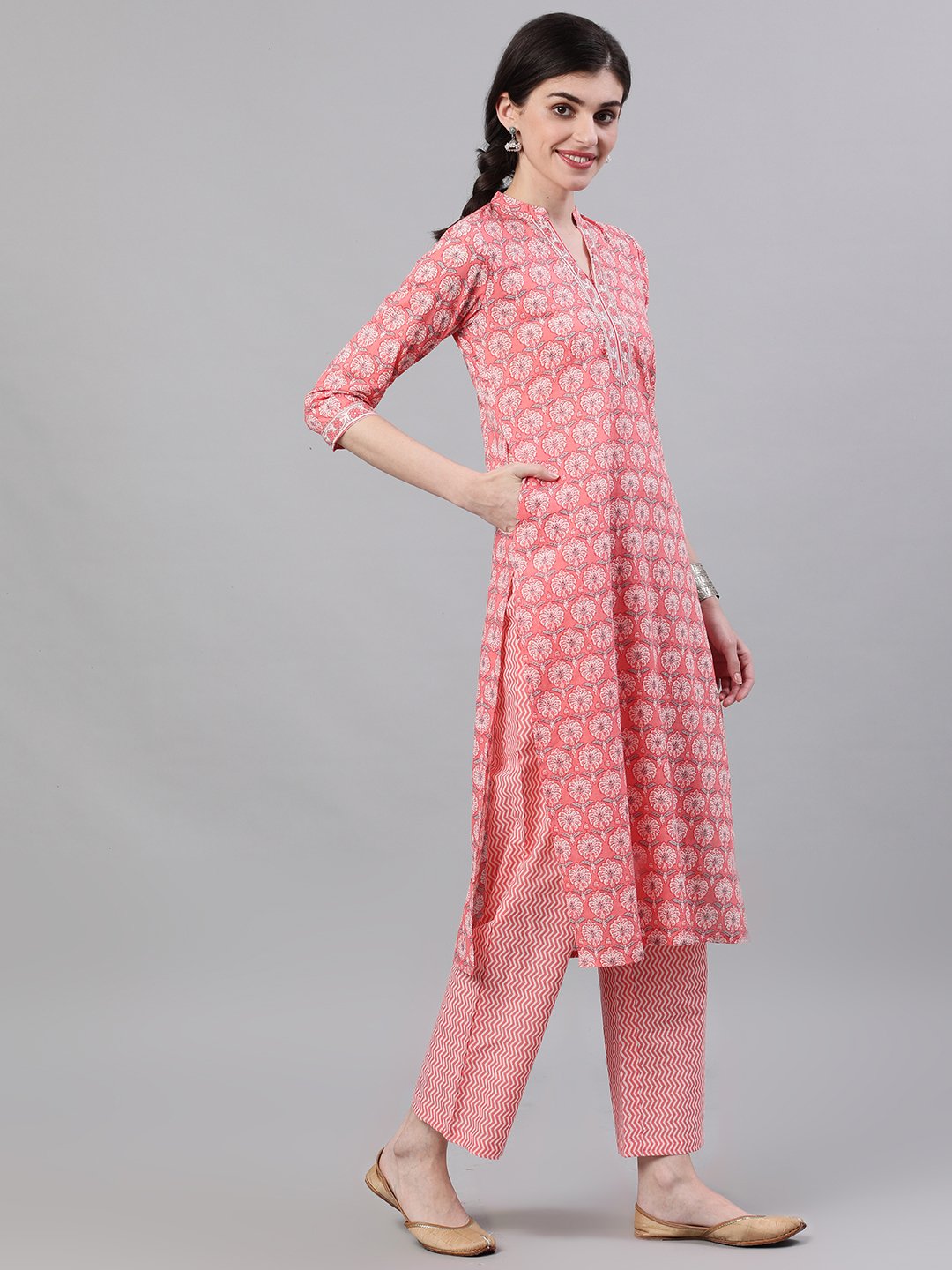 Women Pink Three-Quarter Sleeves Straight Kurta Palazzo With Dupatta | NOZ2TOZ - Made In INDIA.