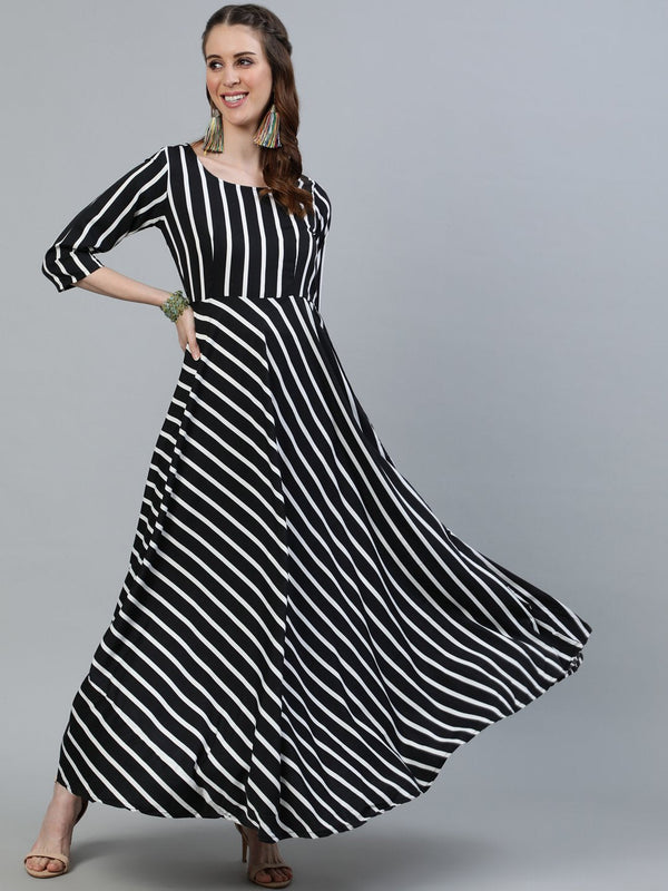 Women Black Striped Maxi Dress With Three Quarter Sleeves | NOZ2TOZ - Made In INDIA.