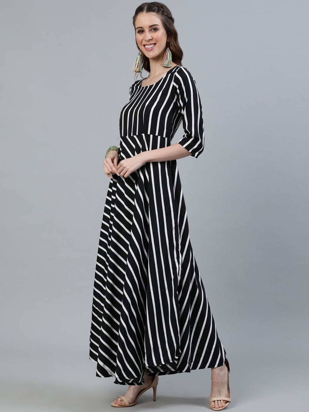 Women Black Striped Maxi Dress With Three Quarter Sleeves | NOZ2TOZ - Made In INDIA.