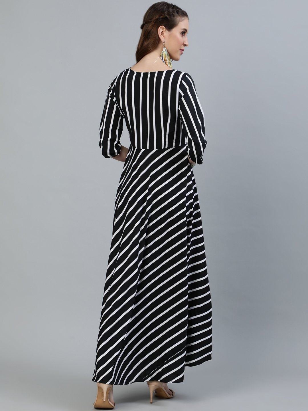 Women Black Striped Maxi Dress With Three Quarter Sleeves | NOZ2TOZ - Made In INDIA.