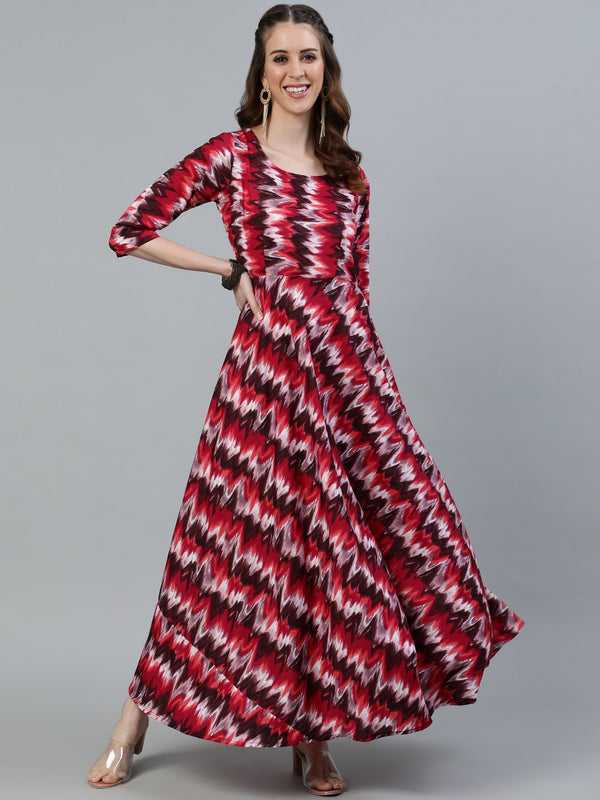 Women Pink Printed Maxi Dress With Three Quarter Sleeves | NOZ2TOZ - Made In INDIA.