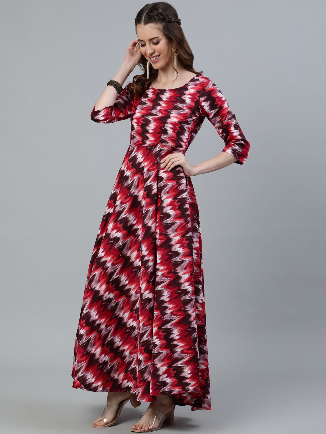 Women Pink Printed Maxi Dress With Three Quarter Sleeves | NOZ2TOZ - Made In INDIA.