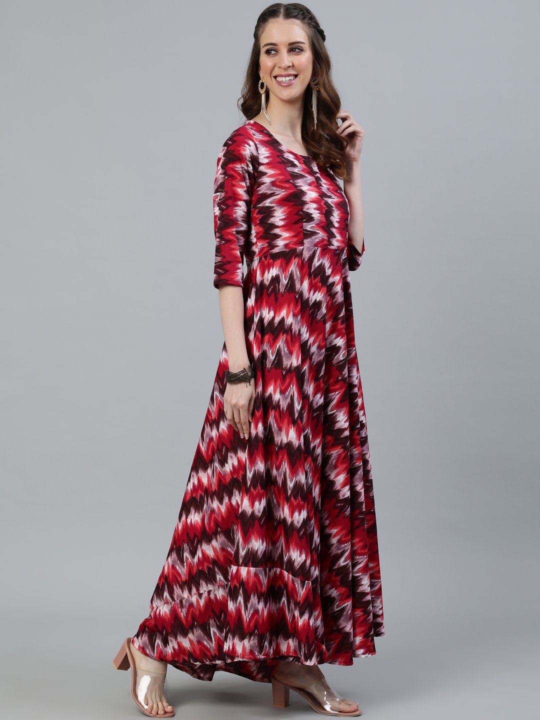 Women Pink Printed Maxi Dress With Three Quarter Sleeves | NOZ2TOZ - Made In INDIA.