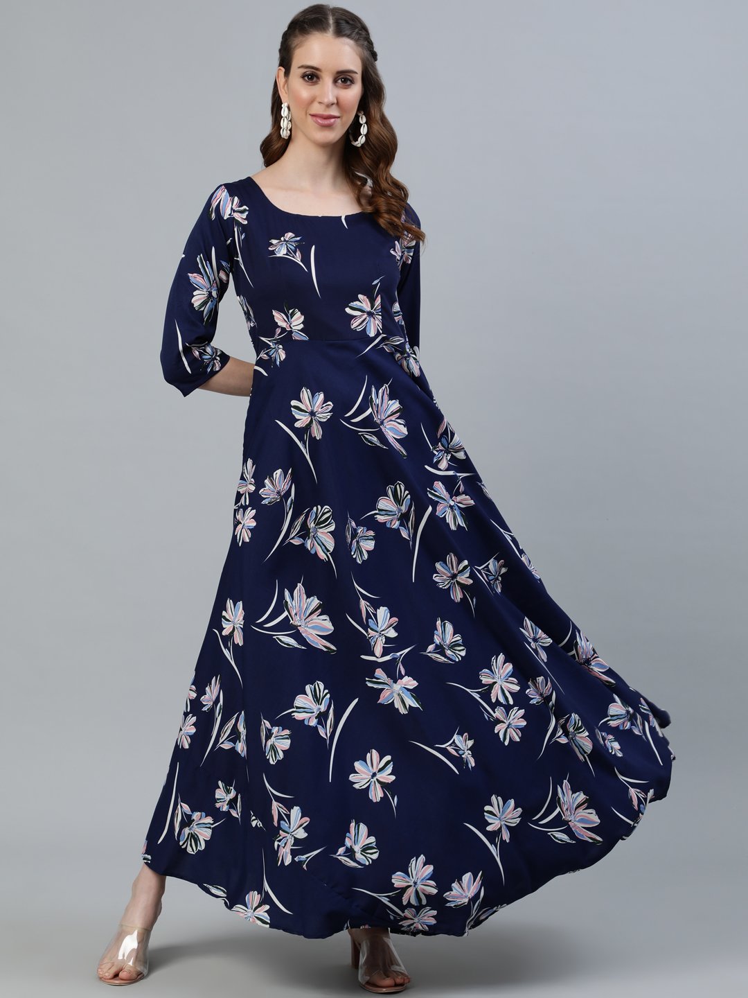 Women Navy Blue Floral Printed Maxi Dress With Three Quarter Sleeves | NOZ2TOZ - Made In INDIA.