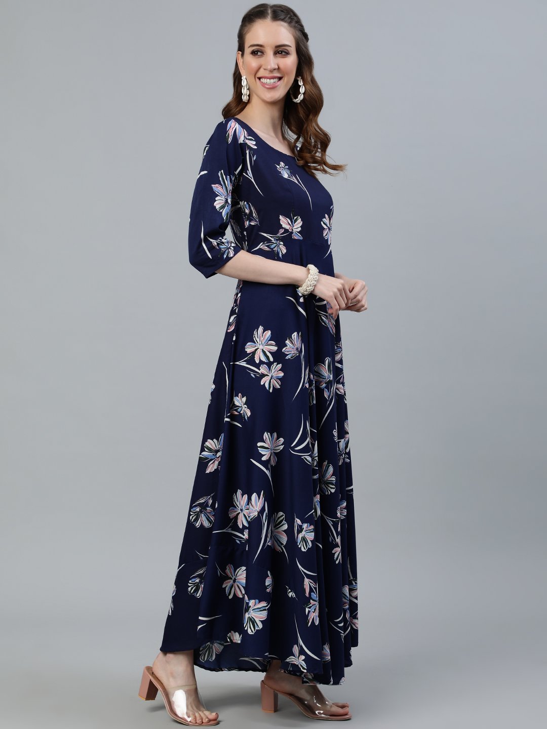 Women Navy Blue Floral Printed Maxi Dress With Three Quarter Sleeves | NOZ2TOZ - Made In INDIA.