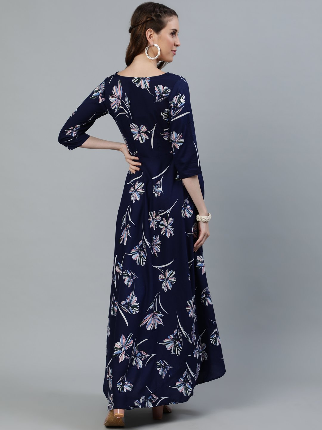 Women Navy Blue Floral Printed Maxi Dress With Three Quarter Sleeves | NOZ2TOZ - Made In INDIA.