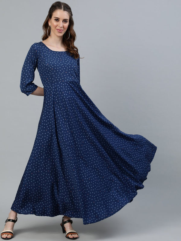 Women Blue Floral Printed Maxi Dress With Three Quarter Sleeves | NOZ2TOZ - Made In INDIA.