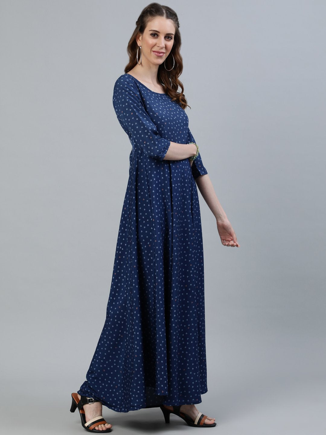 Women Blue Floral Printed Maxi Dress With Three Quarter Sleeves | NOZ2TOZ - Made In INDIA.