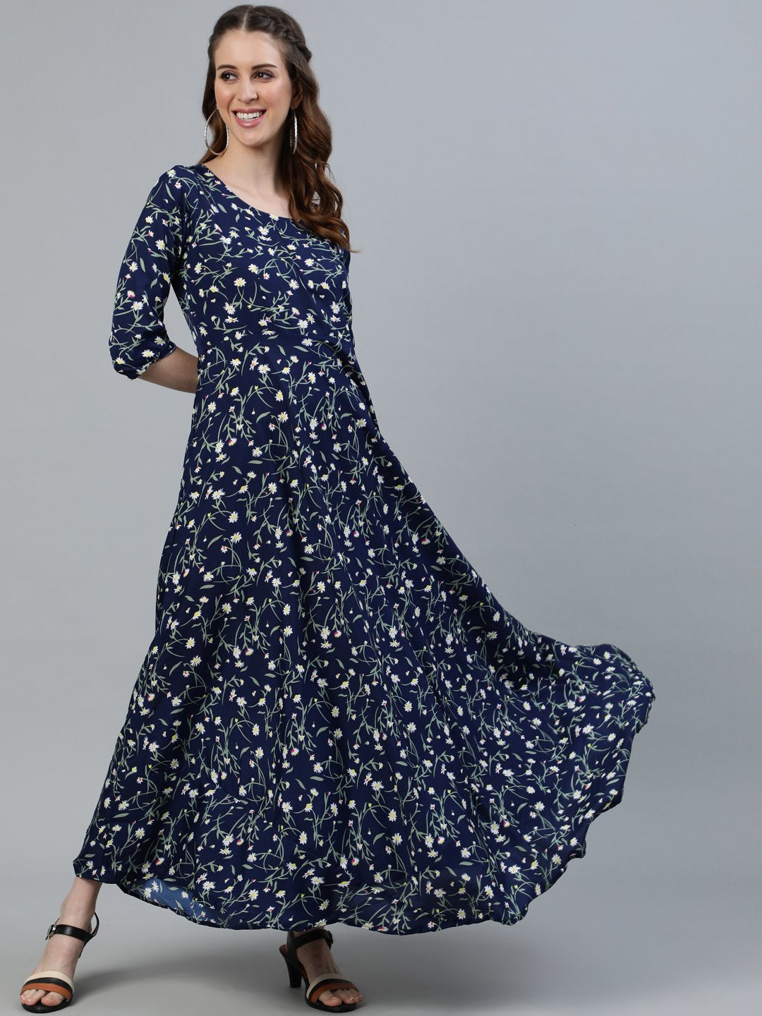 Women Navy Blue Floral Printed Maxi Dress With Three Quarter Sleeves | NOZ2TOZ - Made In INDIA.