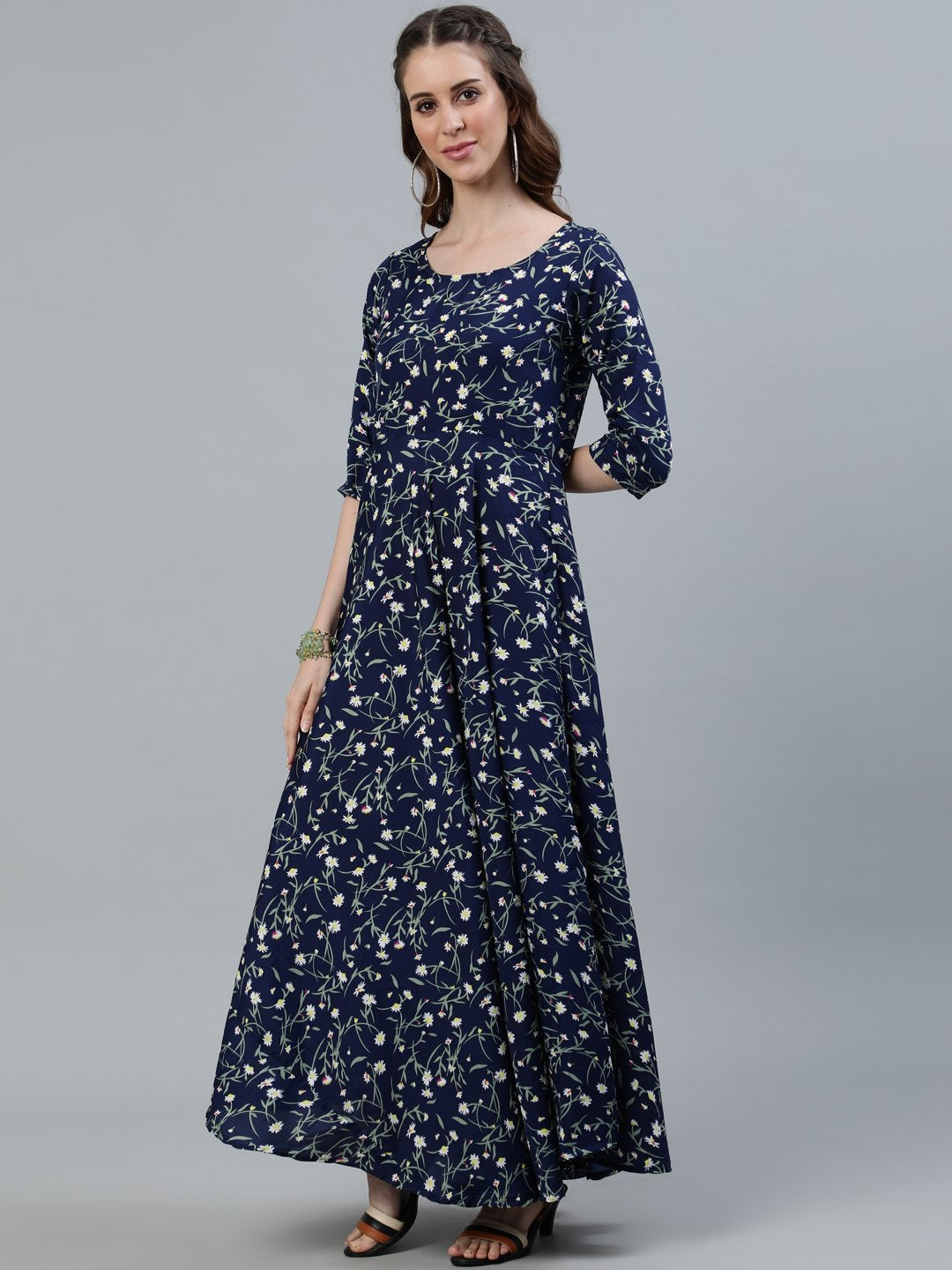 Women Navy Blue Floral Printed Maxi Dress With Three Quarter Sleeves | NOZ2TOZ - Made In INDIA.