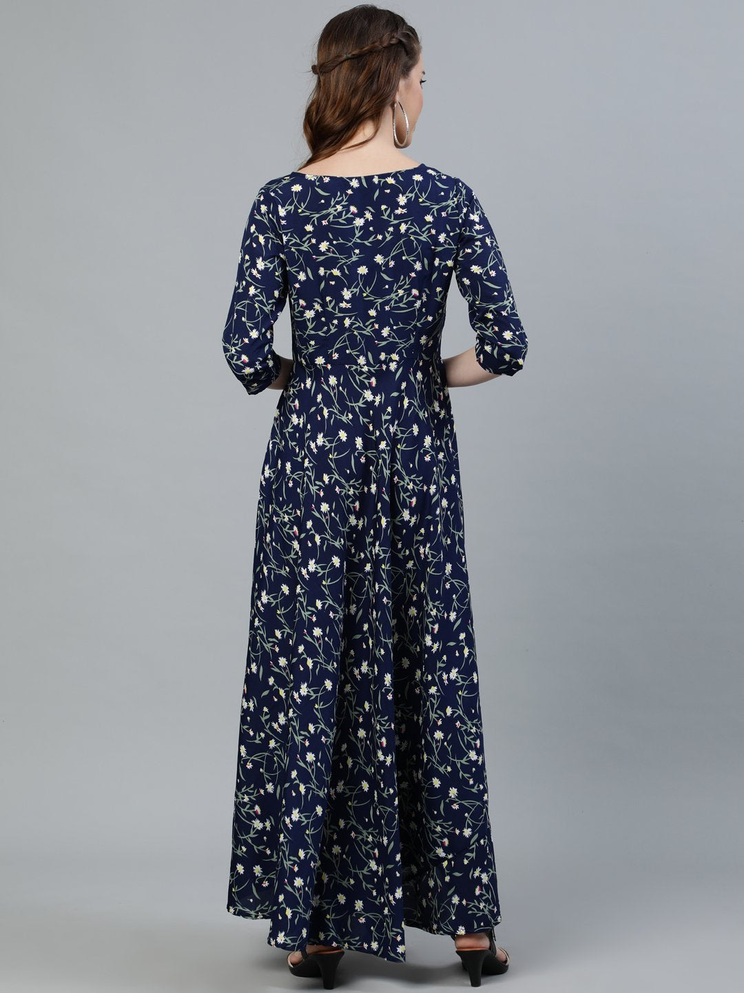 Women Navy Blue Floral Printed Maxi Dress With Three Quarter Sleeves | NOZ2TOZ - Made In INDIA.