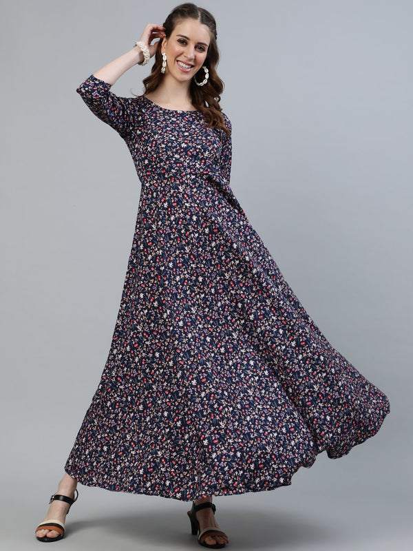 Women Blue Floral Printed Maxi Dress With Three Quarter Sleeves | NOZ2TOZ - Made In INDIA.