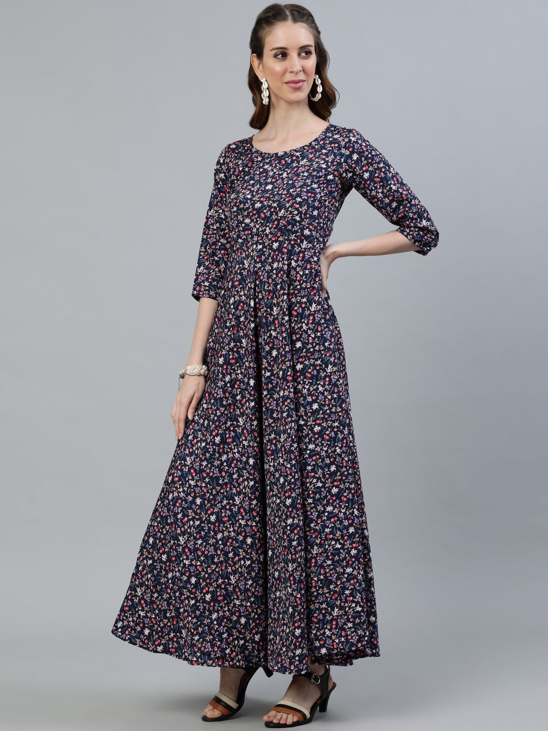 Women Blue Floral Printed Maxi Dress With Three Quarter Sleeves | NOZ2TOZ - Made In INDIA.