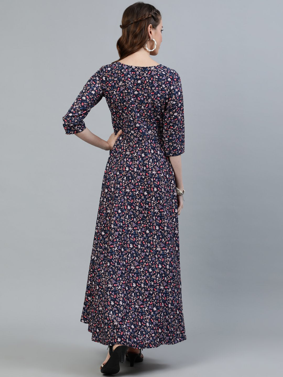 Women Blue Floral Printed Maxi Dress With Three Quarter Sleeves | NOZ2TOZ - Made In INDIA.