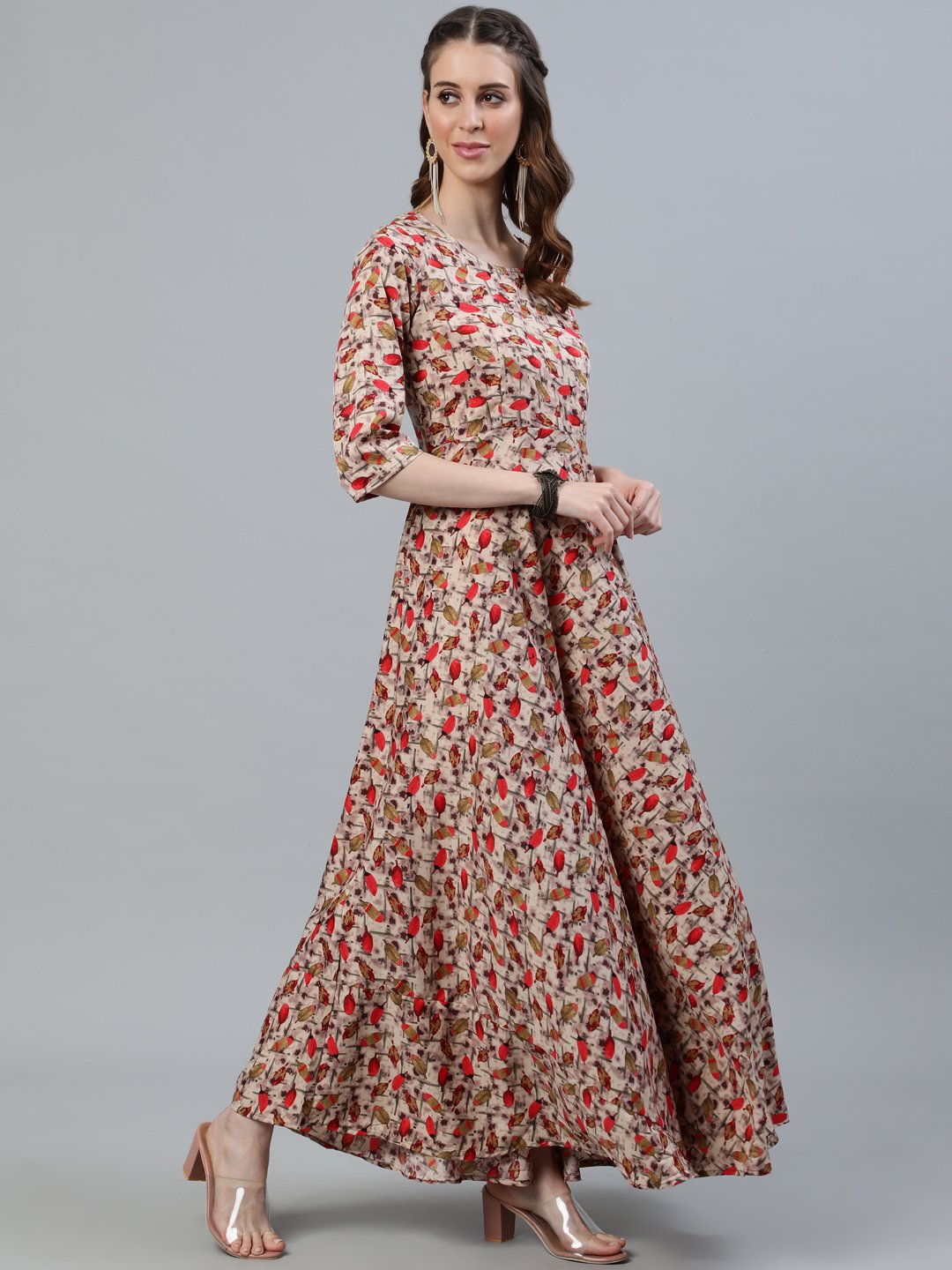 Women Blue Floral Printed Maxi Dress With Three Quarter Sleeves | NOZ2TOZ - Made In INDIA.