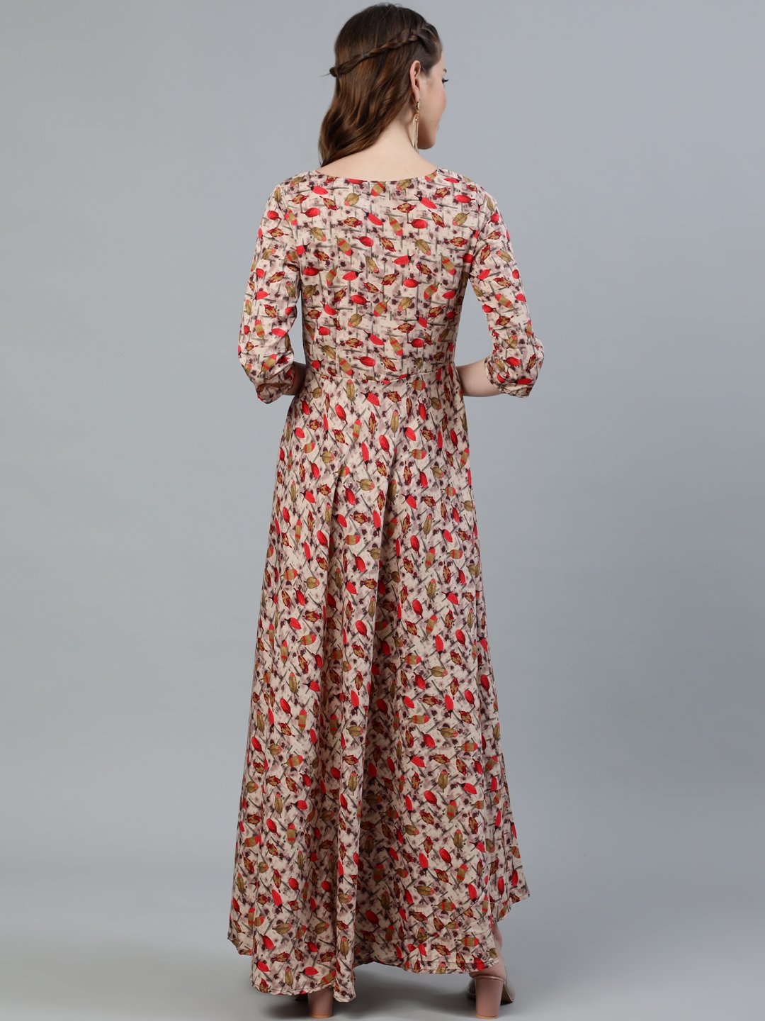 Women Blue Floral Printed Maxi Dress With Three Quarter Sleeves | NOZ2TOZ - Made In INDIA.