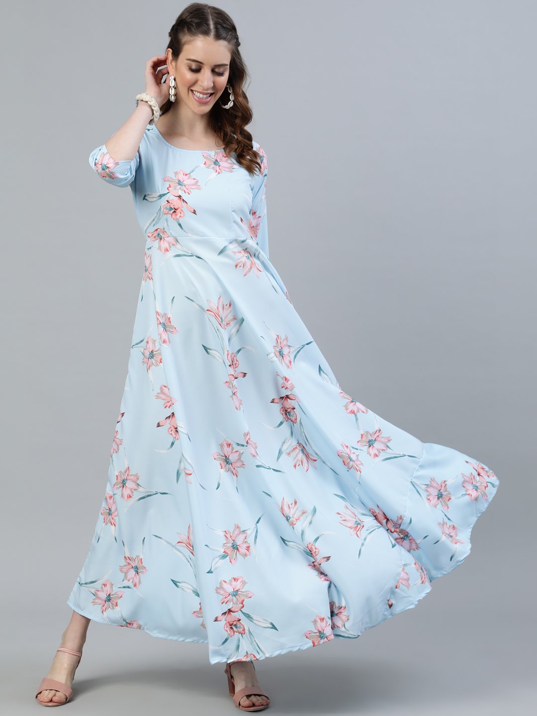 Women Pastel Blue Floral Printed Maxi Dress With Three Quarter Sleeves | NOZ2TOZ - Made In INDIA.