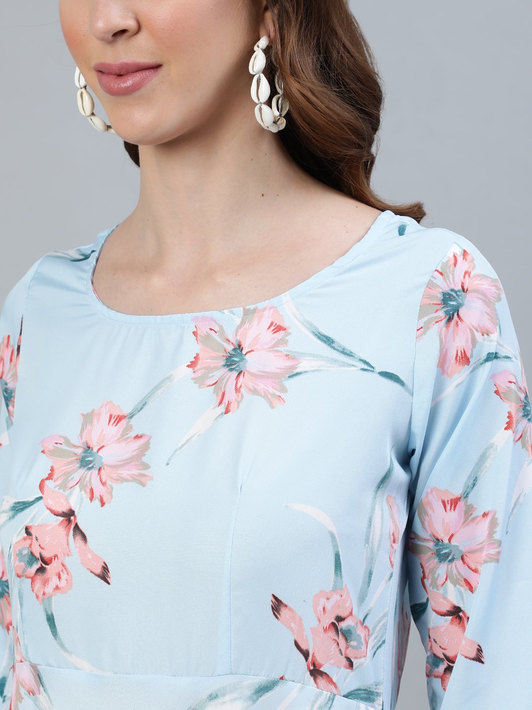 Women Pastel Blue Floral Printed Maxi Dress With Three Quarter Sleeves | NOZ2TOZ - Made In INDIA.