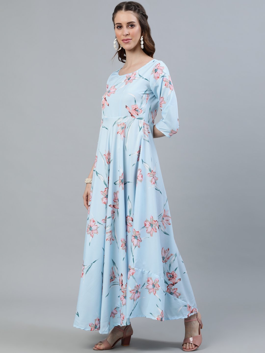 Women Pastel Blue Floral Printed Maxi Dress With Three Quarter Sleeves | NOZ2TOZ - Made In INDIA.