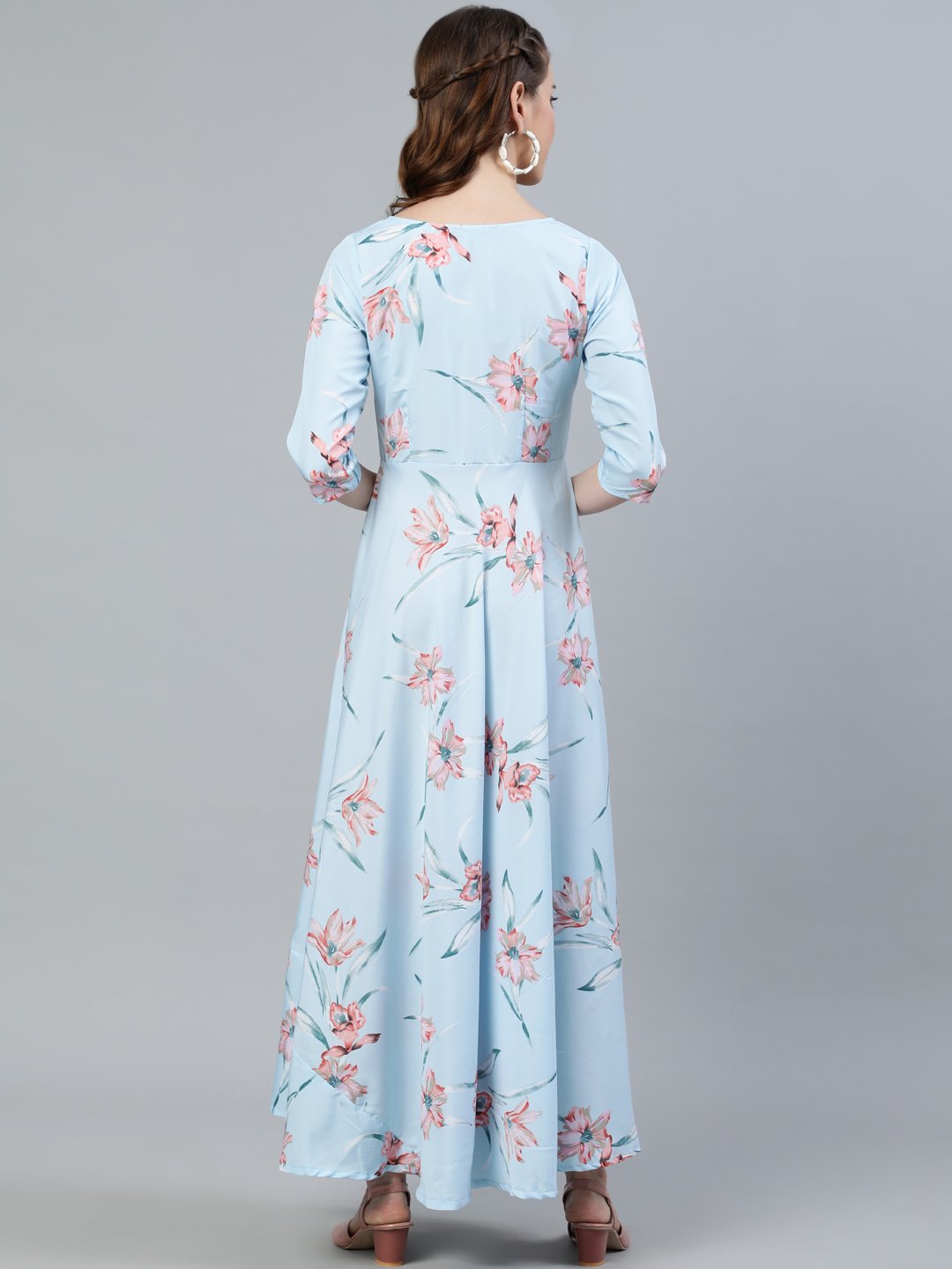 Women Pastel Blue Floral Printed Maxi Dress With Three Quarter Sleeves | NOZ2TOZ - Made In INDIA.