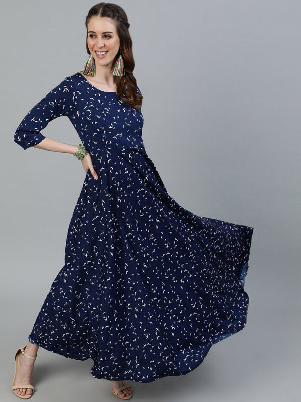 Women Navy Blue Printed Maxi Dress With Three Quarter Sleeves | NOZ2TOZ - Made In INDIA.