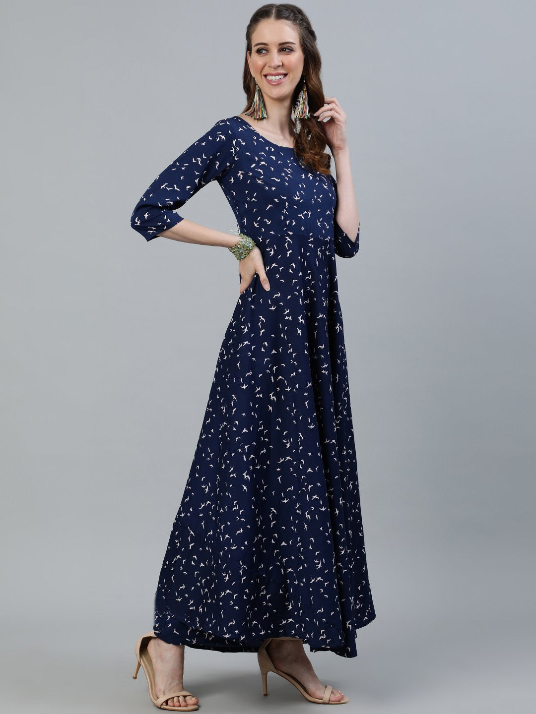 Women Navy Blue Printed Maxi Dress With Three Quarter Sleeves | NOZ2TOZ - Made In INDIA.