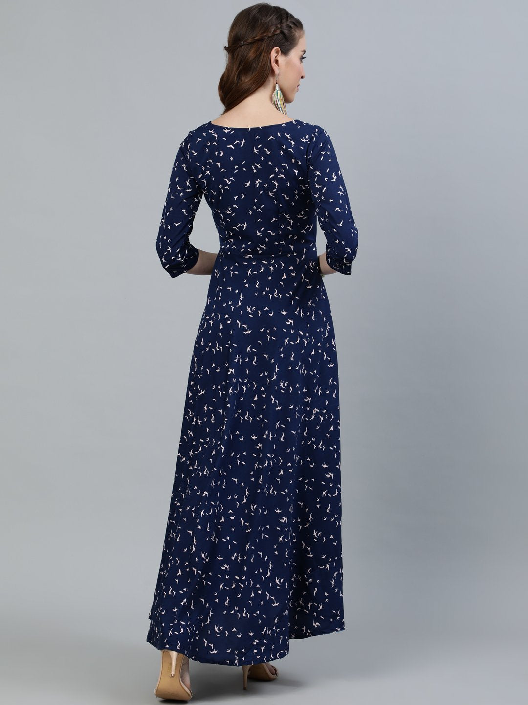 Women Navy Blue Printed Maxi Dress With Three Quarter Sleeves | NOZ2TOZ - Made In INDIA.