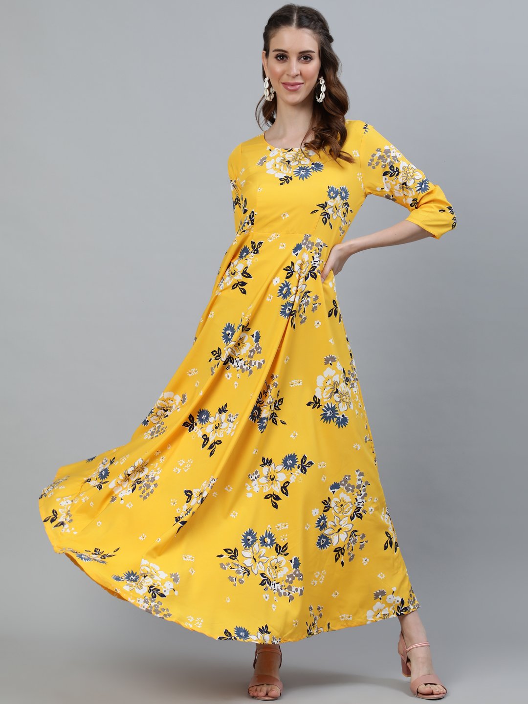 Women Yellow Printed Maxi Dress With Three Quarter Sleeves | NOZ2TOZ - Made In INDIA.