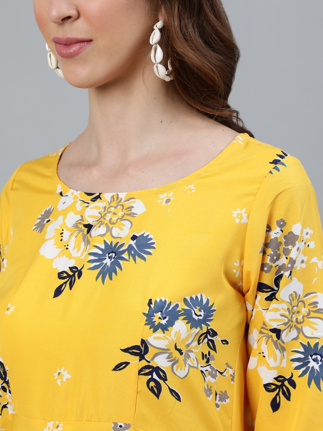 Women Yellow Printed Maxi Dress With Three Quarter Sleeves | NOZ2TOZ - Made In INDIA.