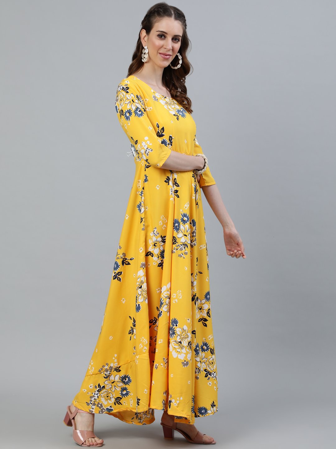 Women Yellow Printed Maxi Dress With Three Quarter Sleeves | NOZ2TOZ - Made In INDIA.