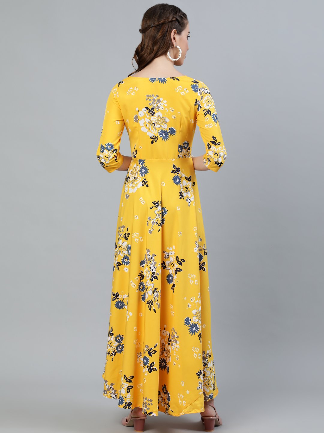 Women Yellow Printed Maxi Dress With Three Quarter Sleeves | NOZ2TOZ - Made In INDIA.