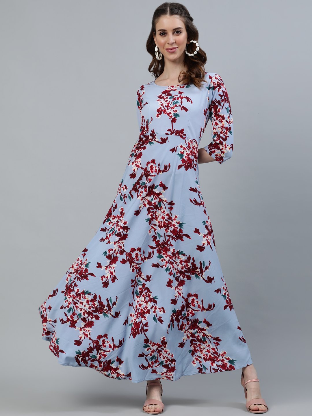 Women Blue Floral Printed Maxi Dress With Three Quarter Sleeves | NOZ2TOZ - Made In INDIA.