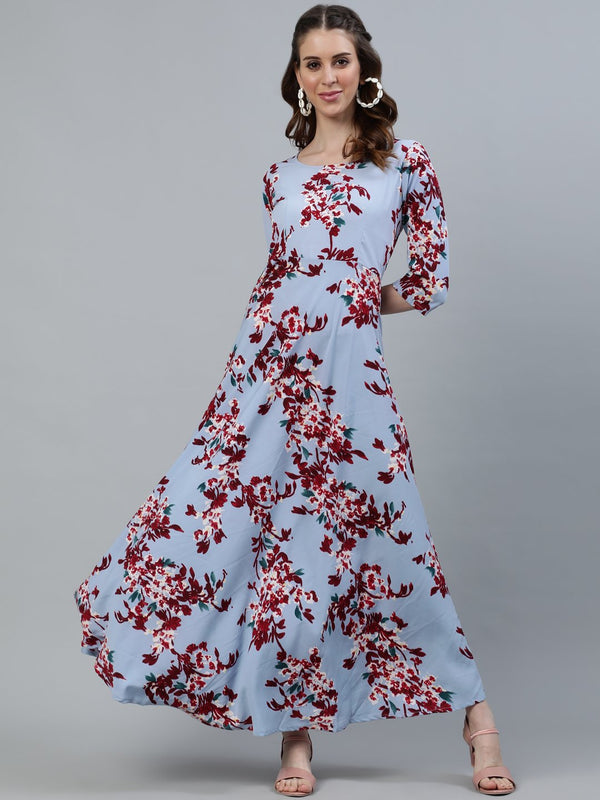 Women Blue Floral Printed Maxi Dress With Three Quarter Sleeves | NOZ2TOZ - Made In INDIA.