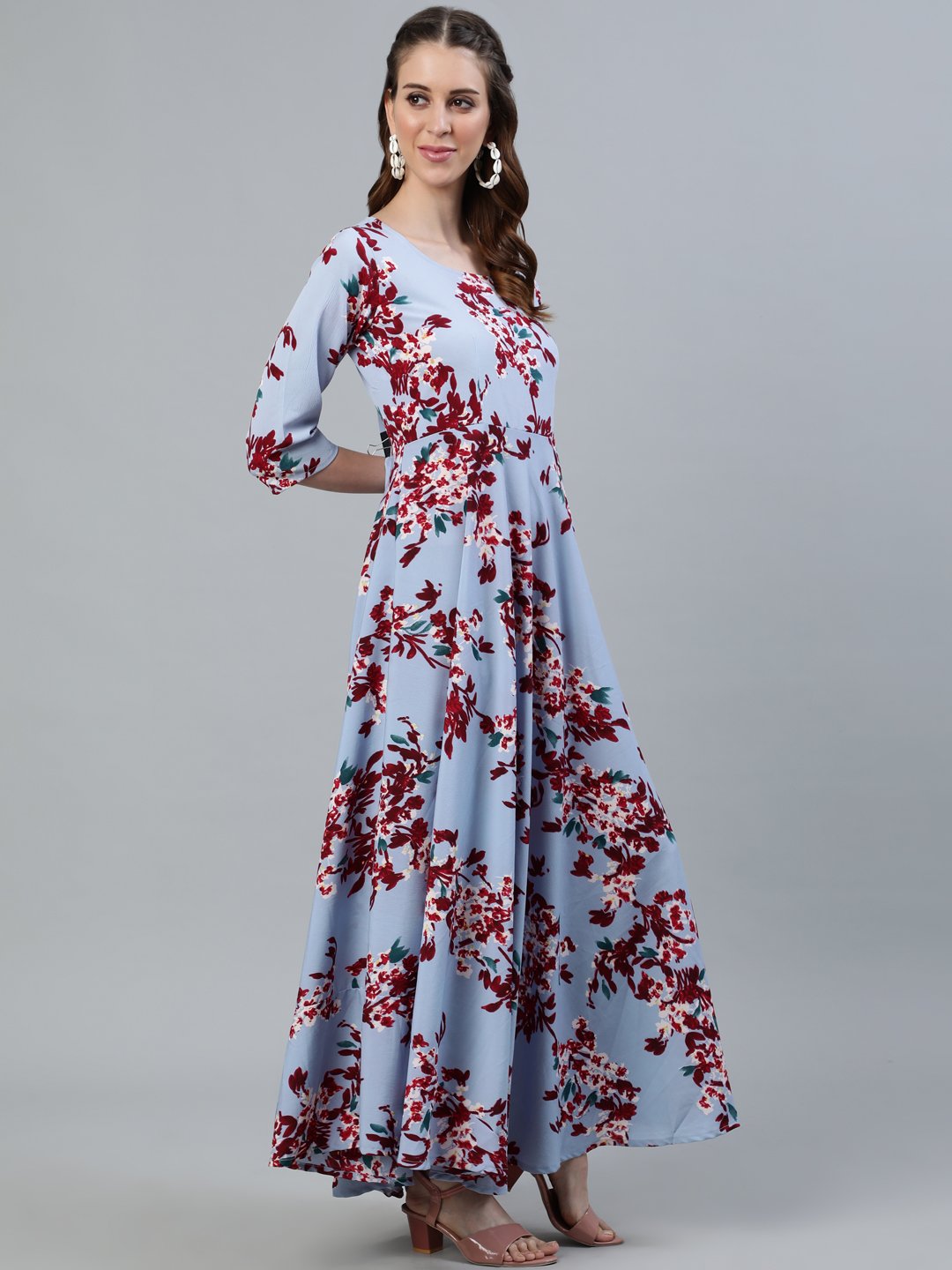 Women Blue Floral Printed Maxi Dress With Three Quarter Sleeves | NOZ2TOZ - Made In INDIA.