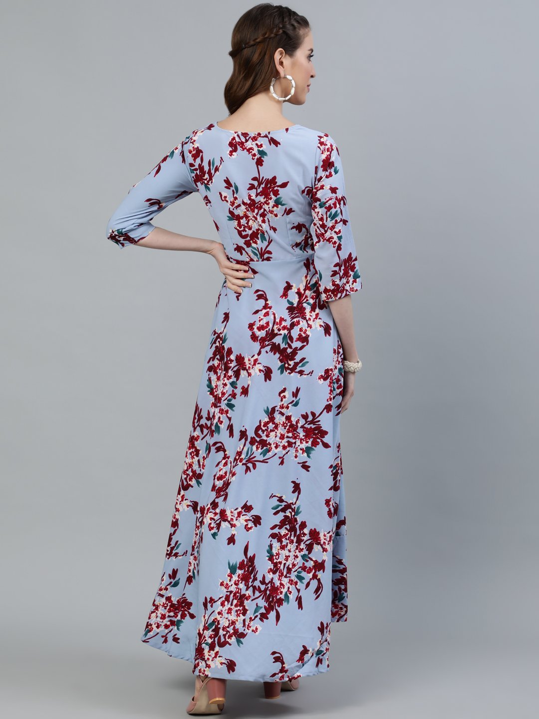 Women Blue Floral Printed Maxi Dress With Three Quarter Sleeves | NOZ2TOZ - Made In INDIA.