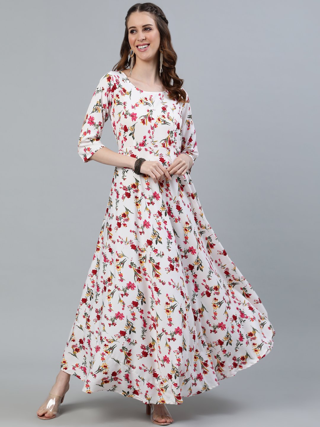 Women Off-White Floral Printed Maxi Dress With Three Quarter Sleeves | NOZ2TOZ - Made In INDIA.