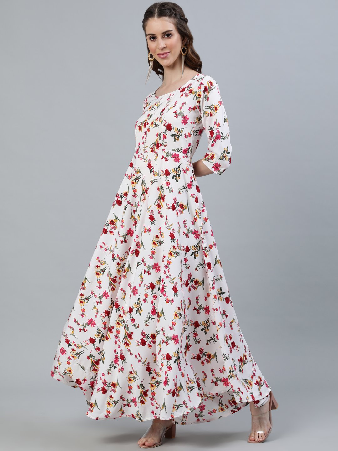 Women Off-White Floral Printed Maxi Dress With Three Quarter Sleeves | NOZ2TOZ - Made In INDIA.